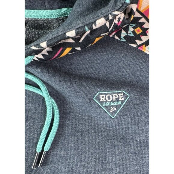 Hooey Blue and Multicolor Geometric Women's Hoodie. ☆ Fits Like EXTRA LARGE - Picture 4 of 11